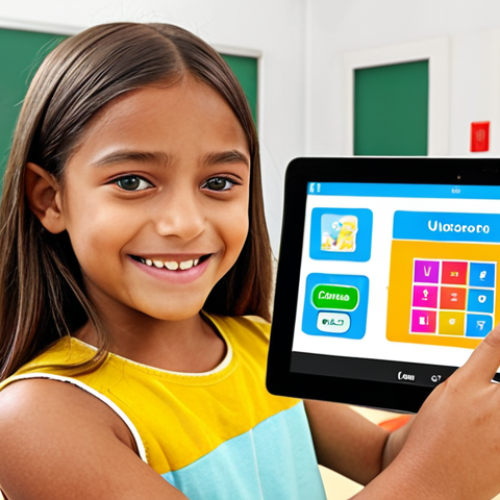 **Interactive Video Learning:** A young student smiling and actively participating with an interactive video lesson on a tablet. The video displays quiz questions and colorful graphics. The background shows a modern, bright classroom.