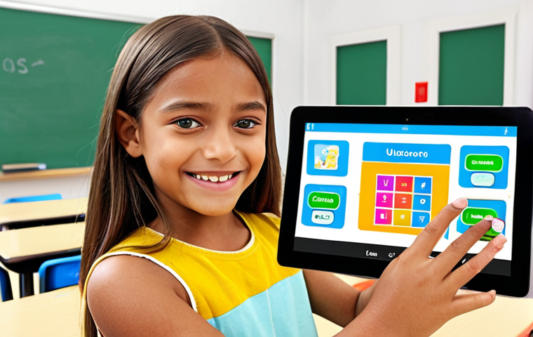 **Interactive Video Learning:** A young student smiling and actively participating with an interactive video lesson on a tablet. The video displays quiz questions and colorful graphics. The background shows a modern, bright classroom.
