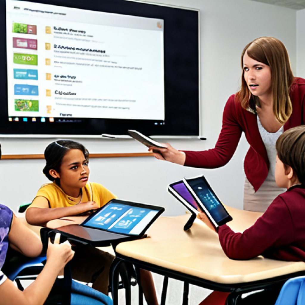 ** A classroom scene depicting personalized learning through EdTech. Show students engaged with adaptive learning systems on tablets, with the teacher facilitating individual learning paths. The atmosphere should be engaging and modern.

**