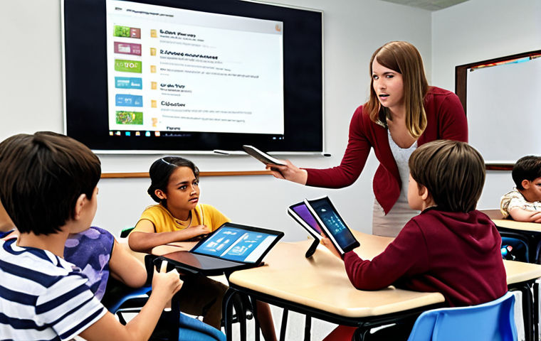 ** A classroom scene depicting personalized learning through EdTech. Show students engaged with adaptive learning systems on tablets, with the teacher facilitating individual learning paths. The atmosphere should be engaging and modern.

**